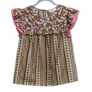 THML Brown‎ Pink Daisy Floral Stripe Cotton Blouse XS Flutter Sleeve Boho Top